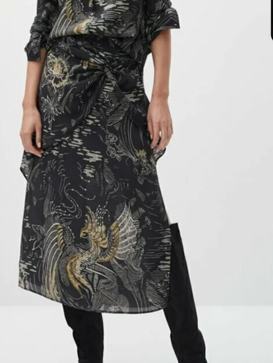 Massimo Dutti Dresses & Skirts - Massimo Dutti Silk  Black and Gold Abstract print Sarong style Midi Skirt